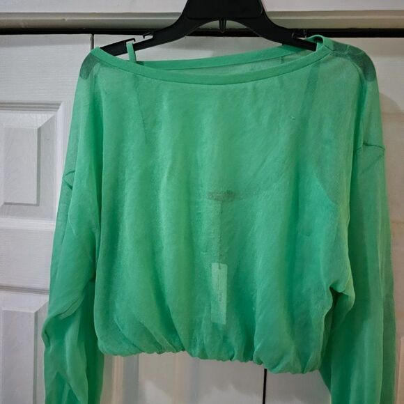 Express Women's Green Sheer Boat Neck Dolman Sleeve Cropped Sweater Size Medium - Picture 4 of 12